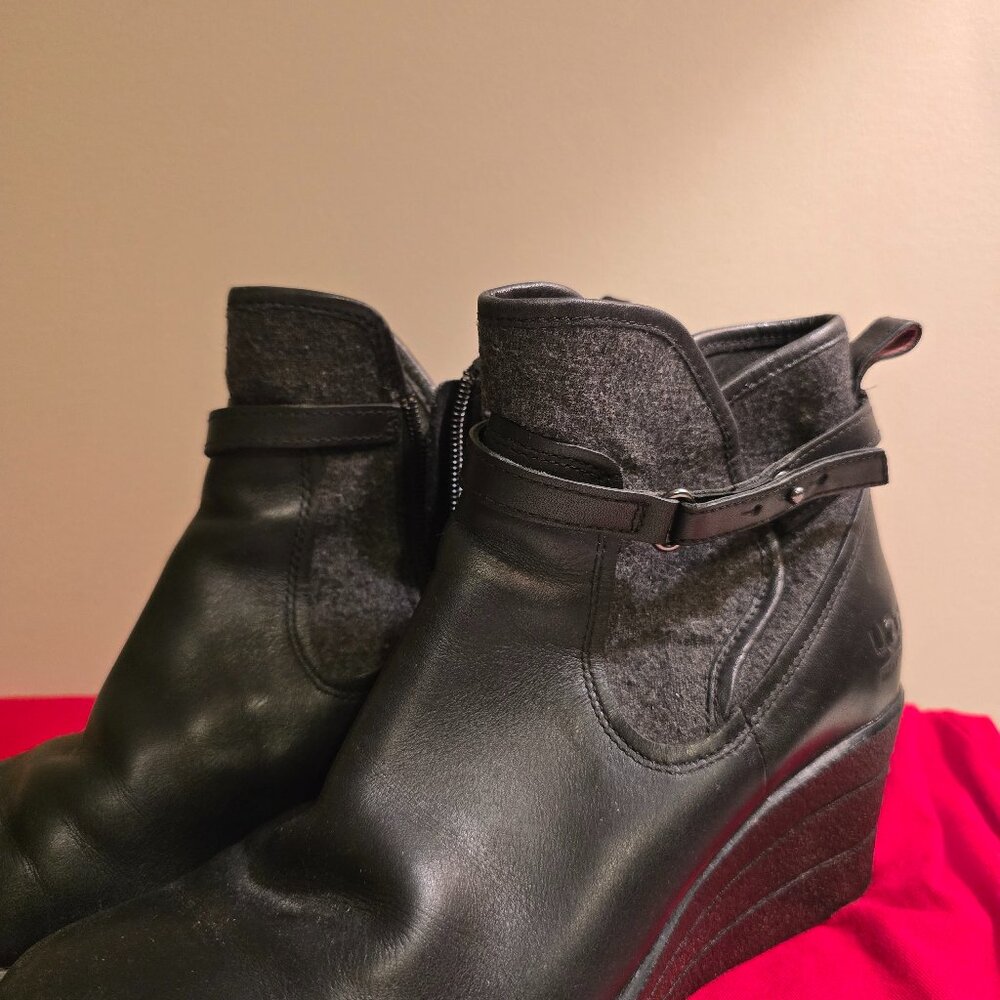 UGG Emalie Black Leather Shearling Sole Wedge Booties